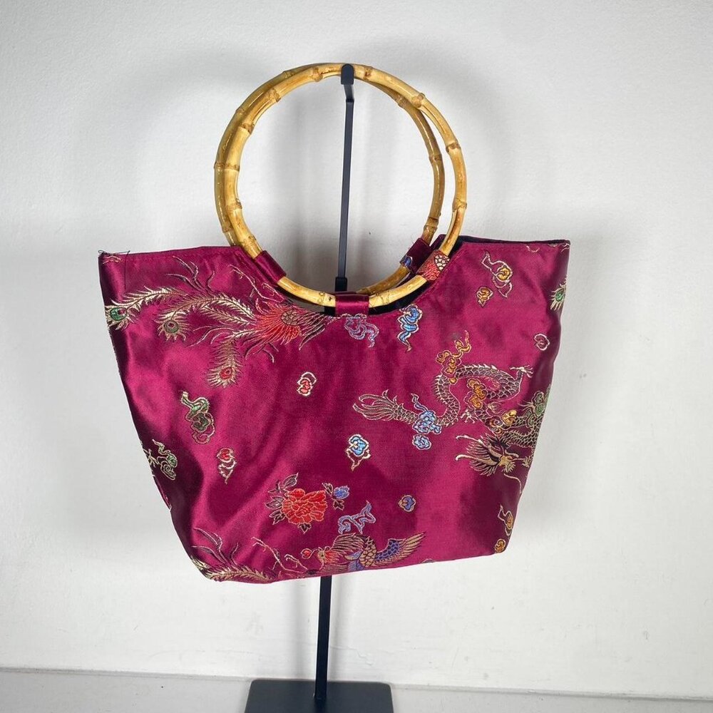 2000s Wooden Handle Asian Print Handbag